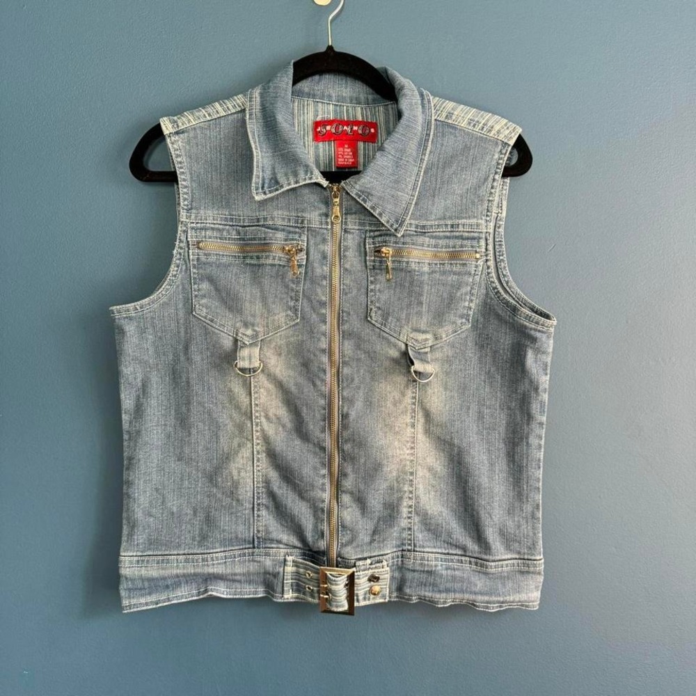 Y2K Denim Vest Women's Size Medium Solo Jeans Stripe Biker Belt Punk Emo Vintage